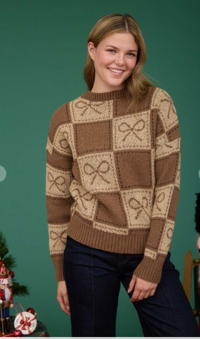 BROWN Checkered Bow Jacquard Crewneck Knit Sweater
