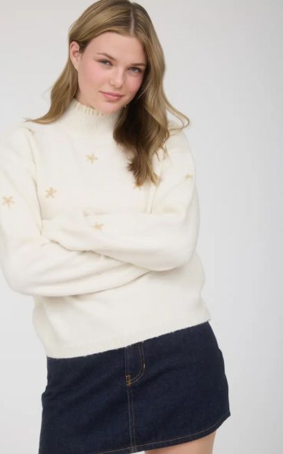 OATMEAL Floral Embroidery Mock Neck Knit Sweater
