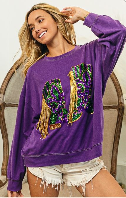 Fringed Mardi Gras Boots Pullover