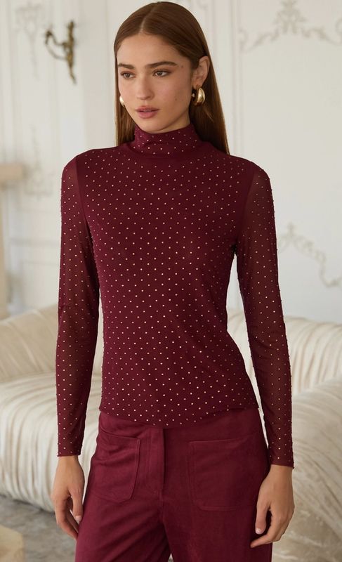 Embellished Mesh Mock Neck Top