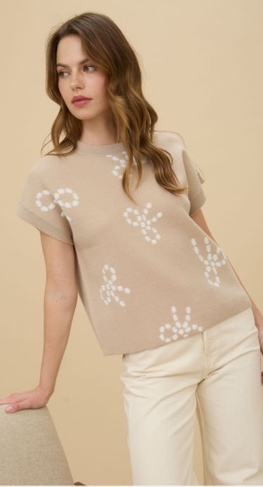 Bow Pattern Round Neck Short Sleeve Knit Sweater