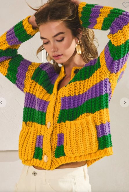 Classic Mardi Gras Stripe Ribbed Knit Cardigan