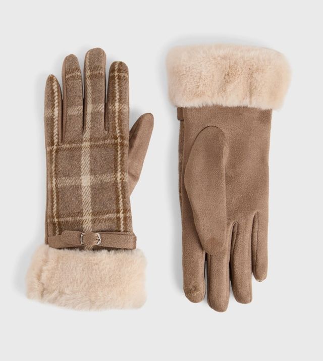 Belted Fur Cuff Plaid Touchscreen Gloves