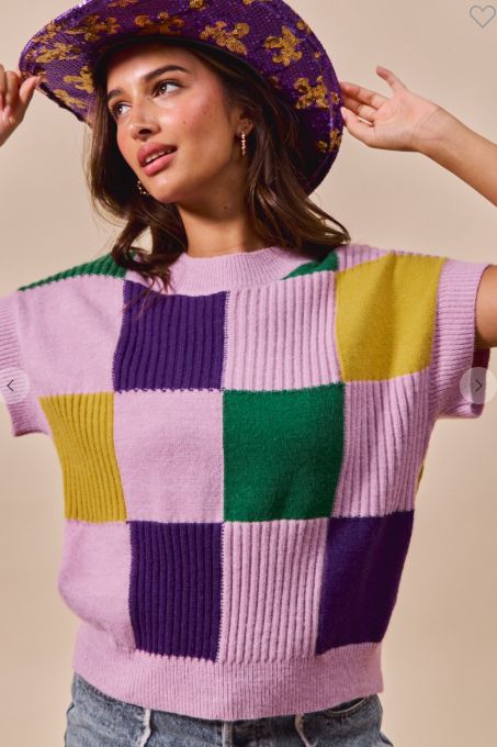 Mardi Gras Check Plaid Casual Sweater Top