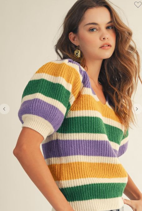 Mardi Gras Puffy Sleeves V Neck Sweater