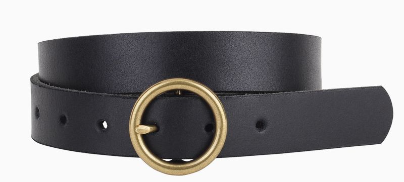 Brass-Toned Circle Buckle Leather Belt - Black
