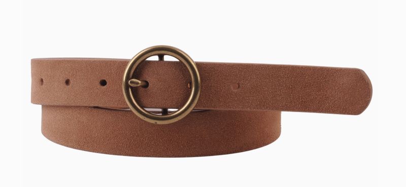 Brass-Toned Circle Buckle Leather Belt - Camel Suede