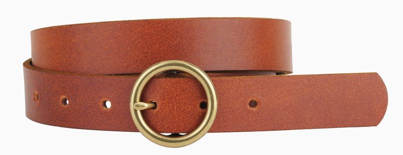 Brass-Toned Circle Buckle Leather Belt -Tan
