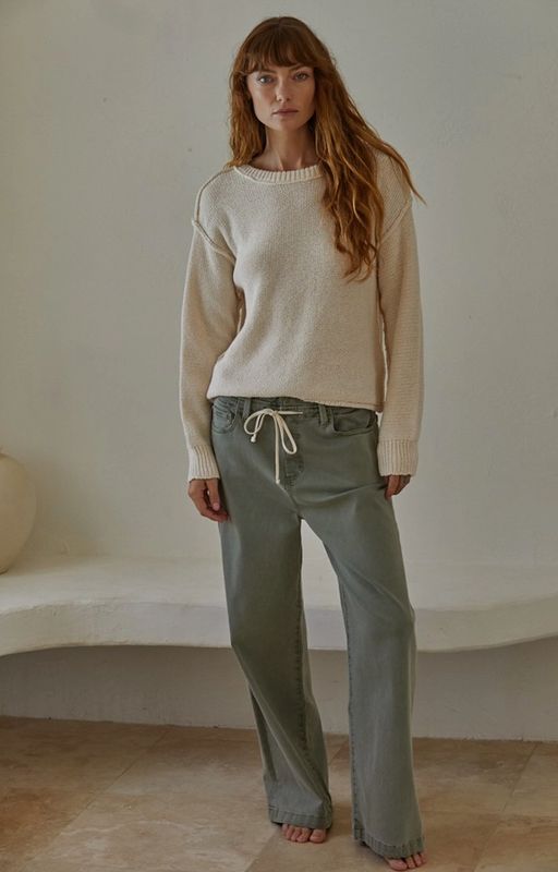 Knit Sweater Crew Neck Long Sleeve Pullover Top - Ivory