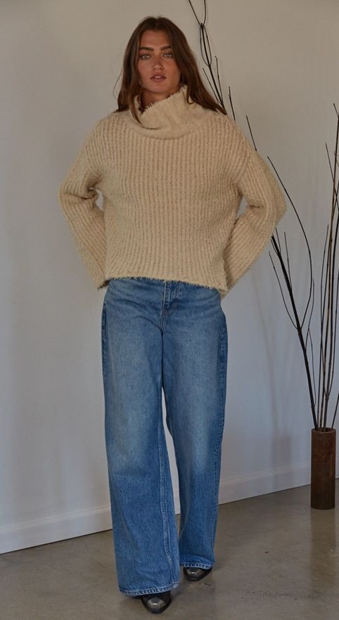 Knit Cotton Acrylic Viscose Polyester Nylon Sweater - Natural