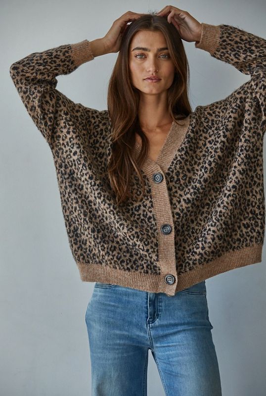 Knit Sweater V-Neck Animal Print Cardigan