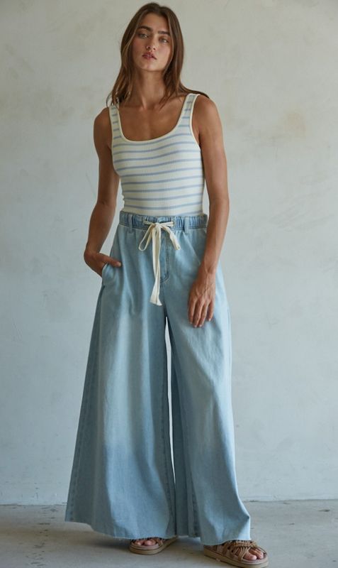 Denim Drawstring Waist Band Wide Leg Pants - Light Denim