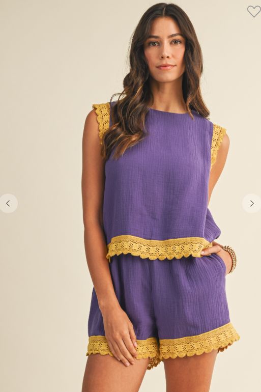 Mardi Gras Lace Trimmed Tank Top &amp; Shorts Set