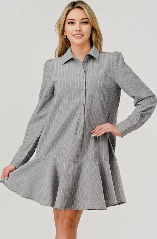 Allie Pinstripe Collared Half Button-Down Ruffle Dress