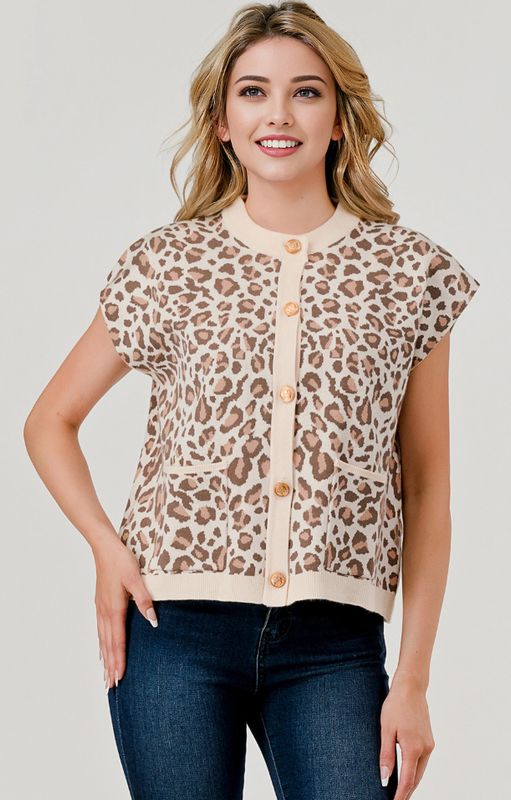 Maeve Leopard Button Down Sweater Vest Cardigan Top
