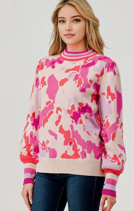Kaley Abstract Pink Camo Leopard Stripe Print Sweater