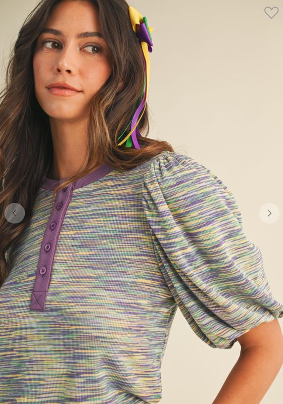 Mardi Gras Space Dye Jersey Rib Balloon Sleeve Top