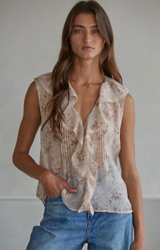 Woven Polyester Floral Print V-Neck Sleeveless Top