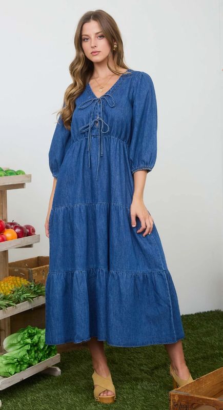 Front Tie 3/4 Sleeve Tiered Denim Midi Dress