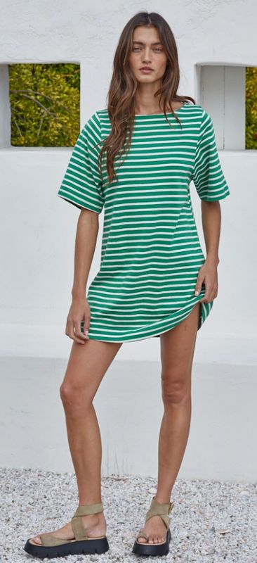Woven Cotton Striped Short Sleeve Round Neck Mini