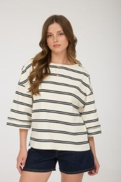Stripe Raw Edge Cuff Sleeve Oversized Knit Top