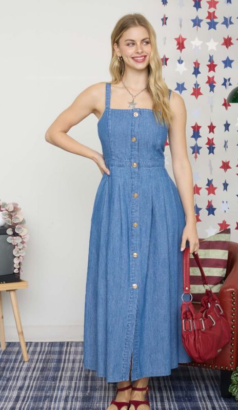 Light Denim Sleeveless Button Down Midi Dress