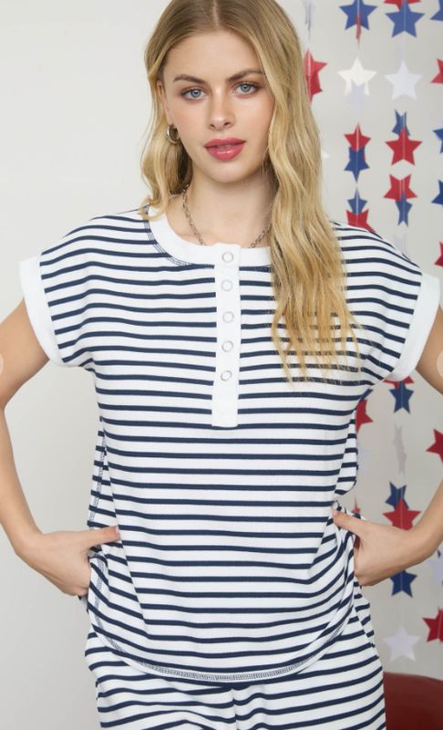 Stripe Short Sleeve Snap Button Henley Knit Top
