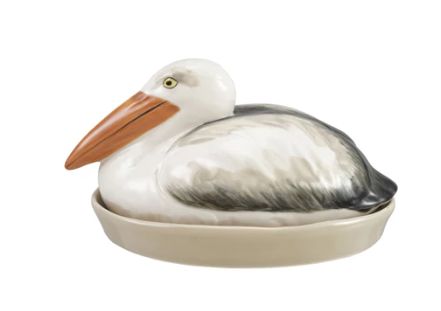 Hand-Painted Stoneware Pelican Shaped Butter Dish