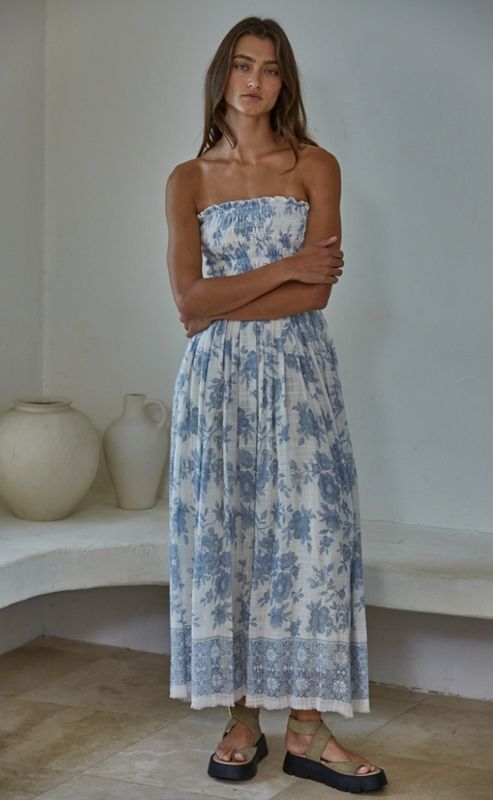 Woven Cotton Rayon Floral Smocked Strapless Midi