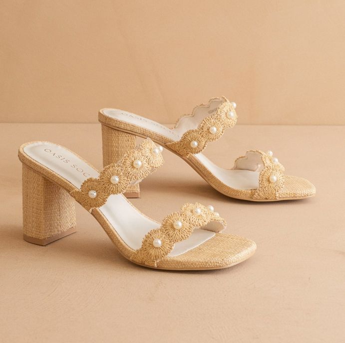The Helena | Natural Raffia Block Heel Sandal with Pearls