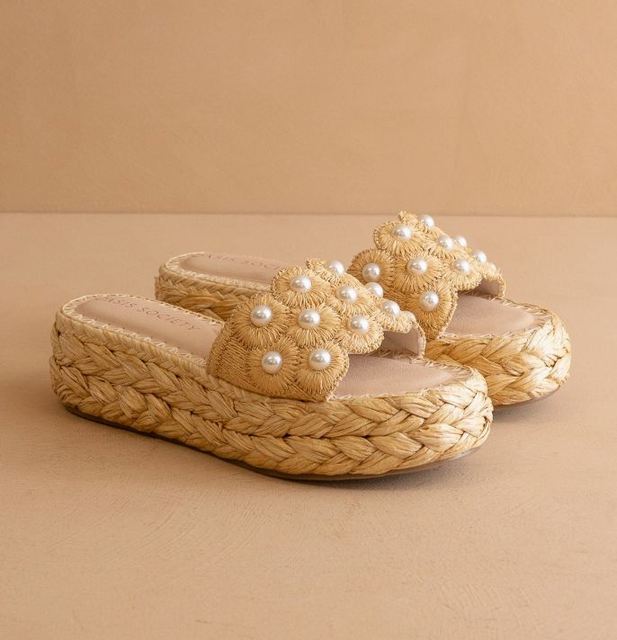 The Candice | Natural Floral Raffia Platform Slide