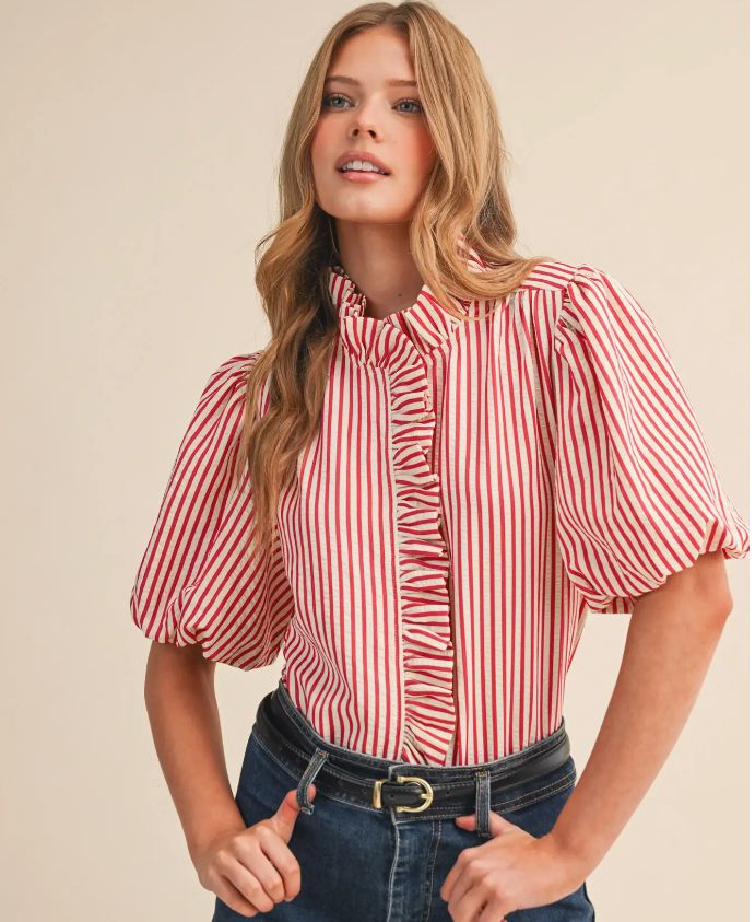 Striped Ruffled Button Down Top
