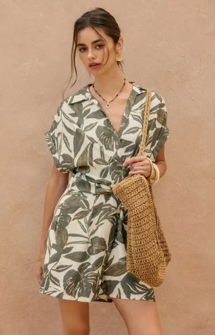 Swaying Palms Surplice Waist Tie Romper