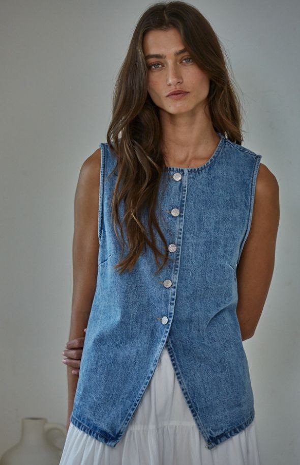 Denim Cotton Viscose Polyester Button Down Vest Top