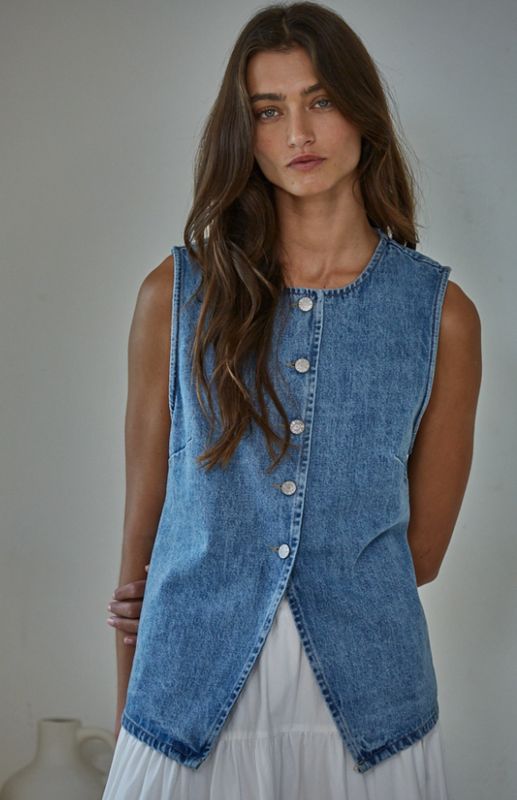 Denim Cotton Viscose Polyester Button Down Vest Top