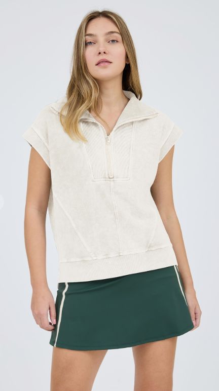 Washed Half Zip Ribbed Detail Sleeveless Knit Top