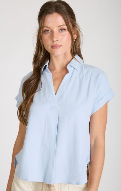 Collared Split Neck Cuff Sleeve U Hem Linen Top