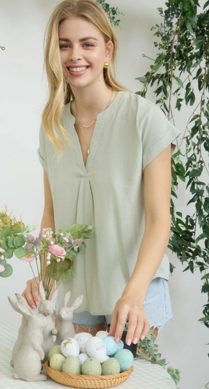 Split Neck Back Button Detail Short Sleeve Top