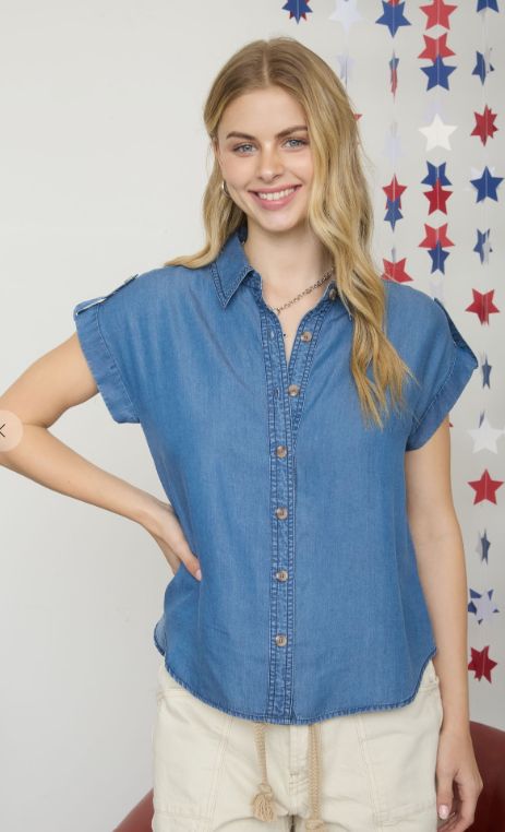 Tab Sleeve Collared Button Down Chambray Top