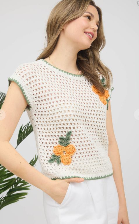 Rose Crochet Knit Short Sleeve Pullover Sweater