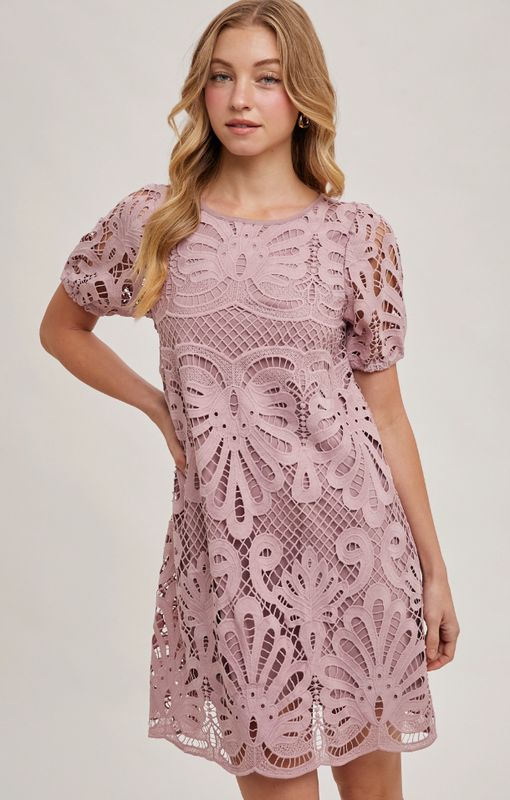Puff Sleeved Crochet Dress with Lining