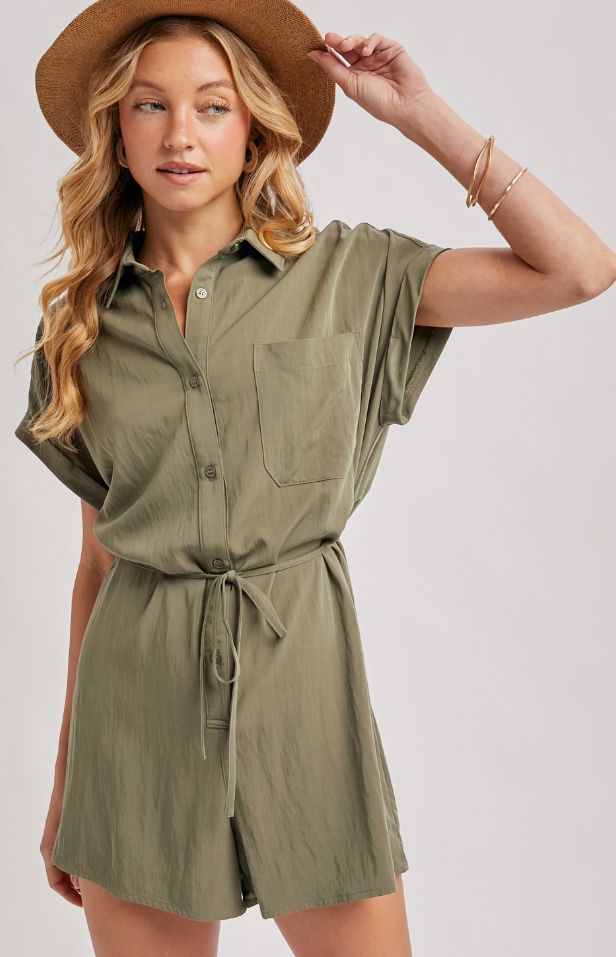 Utility Flowy Short Sleeve Belted Romper
