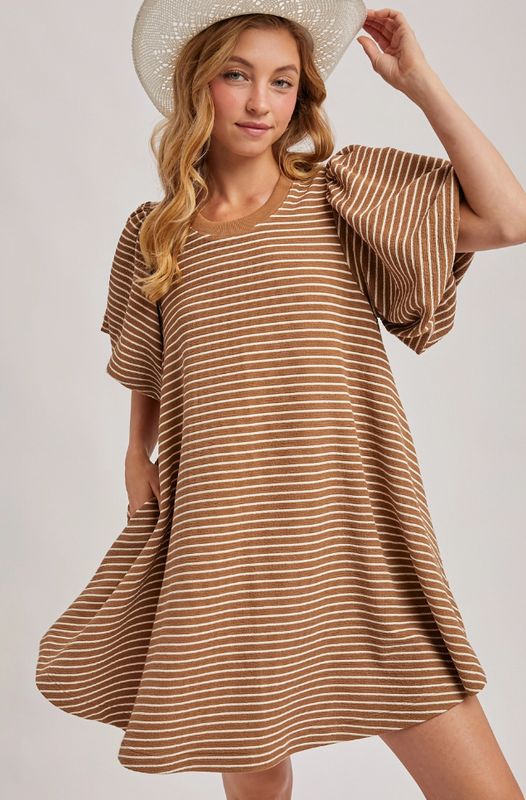 Puff Sleeves Billowy Silhouette Striped Dress