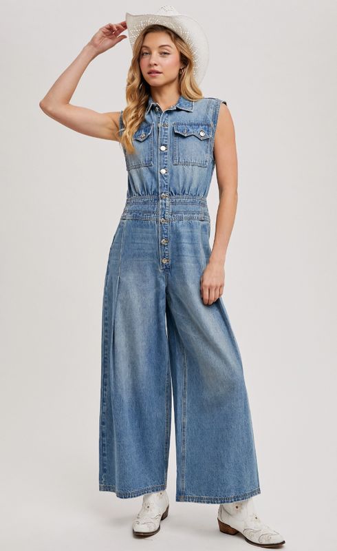Denim Sleeveless Shirt Jumpsuit