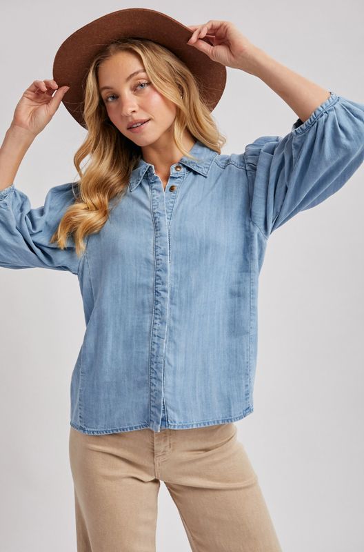 Denim Button Down Puff Sleeved Shirt
