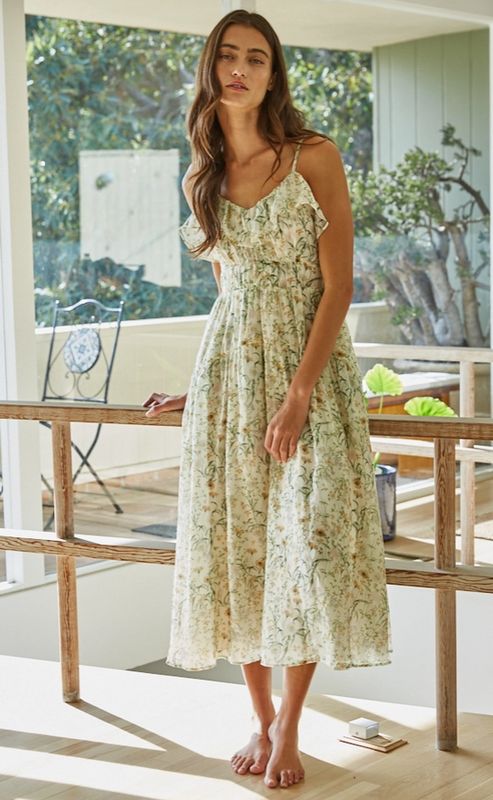 Woven Tencel Nylon Floral Print Midi Dress