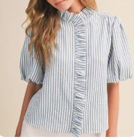 Striped Ruffled Button Down Top - Blue