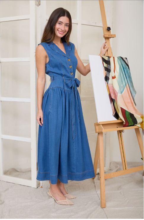 Notch Collar Sleeveless Belted Denim Midi Dress
