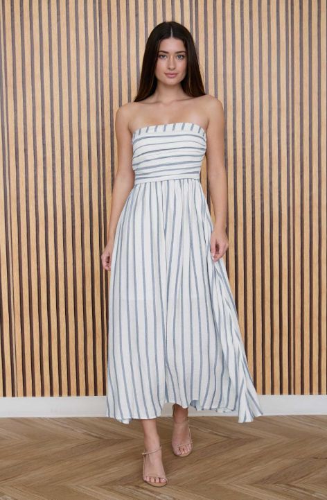 Stripe Pleated Strapless Linen Midi Dress