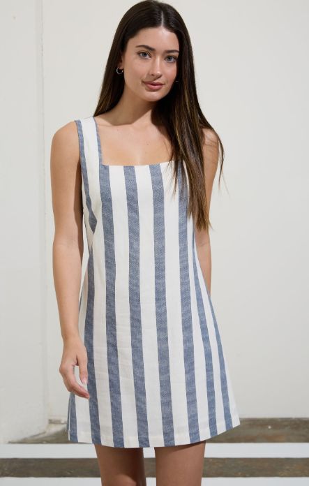 Stripe Square Neck Sleeveless Linen Mini Dress